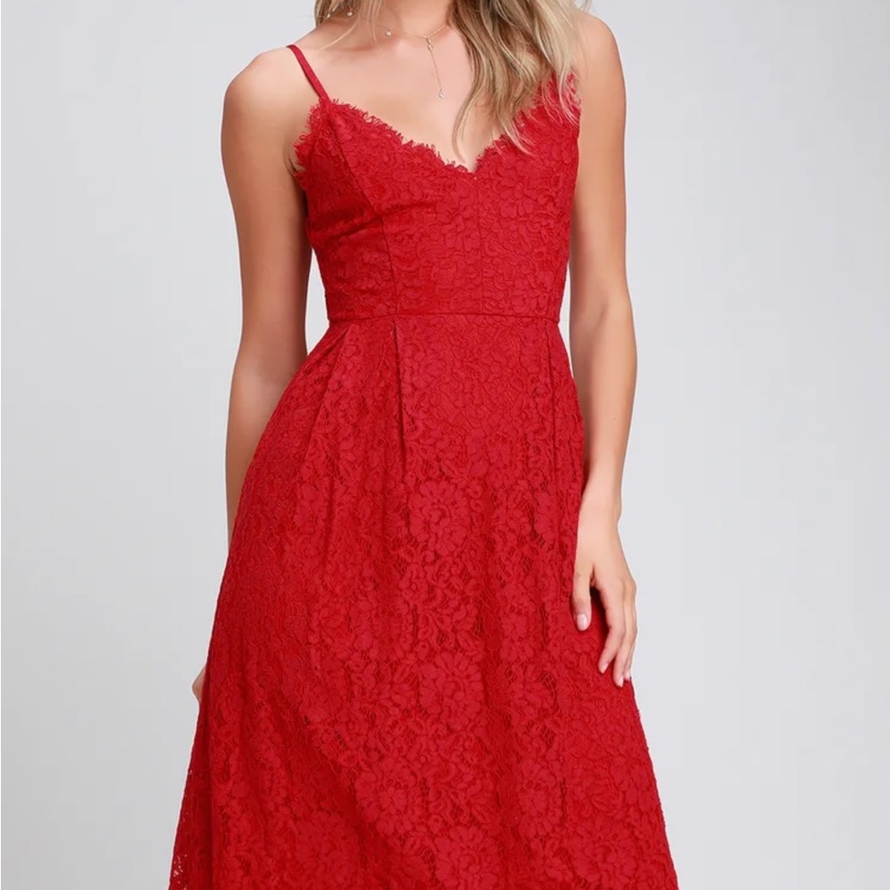 Lulu’s Red Treatment red lace midi dress